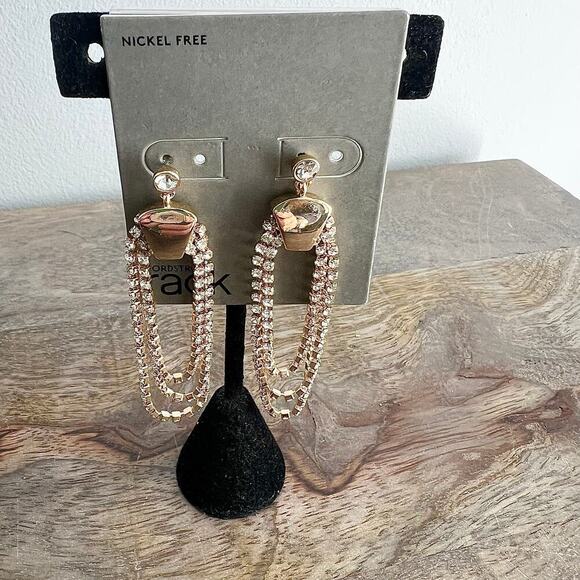 🍭6/$30 New Nordstrom Metallic Gold Tone Rhinestone Studded Dangle Post Earrings - Picture 1 of 4